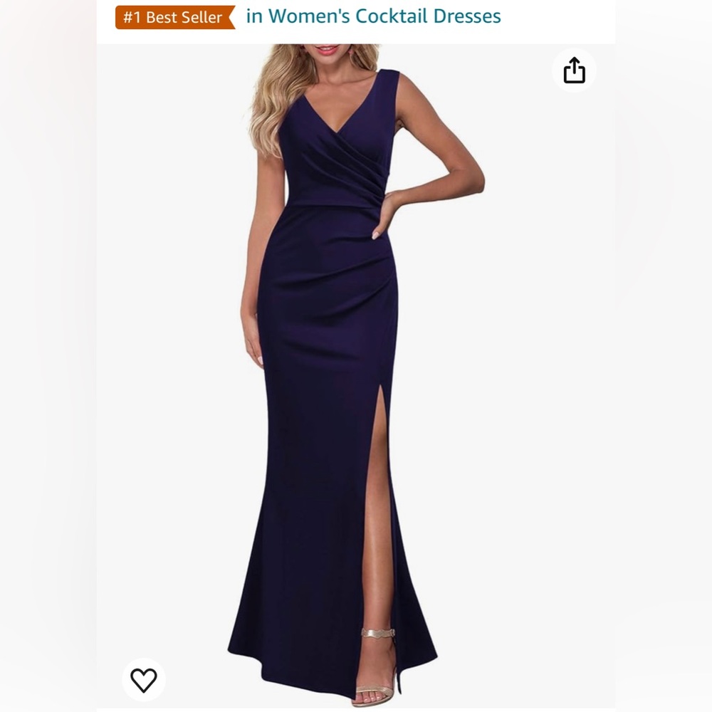 Navy blue sleeveless V neck split evening dress